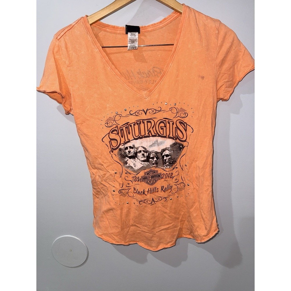Harley-Davidson‎ Orange V neck Tee Womens Medium Sturgis Gems Stones  Sz S U